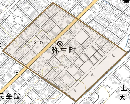 弥生町とその周辺の地図。町の範囲を重ねている