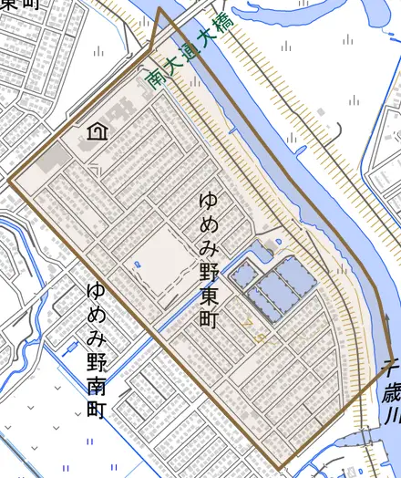 ゆめみ野東町とその周辺の地図。町の範囲を重ねている