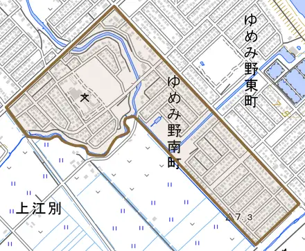 ゆめみ野南町とその周辺の地図。町の範囲を重ねている