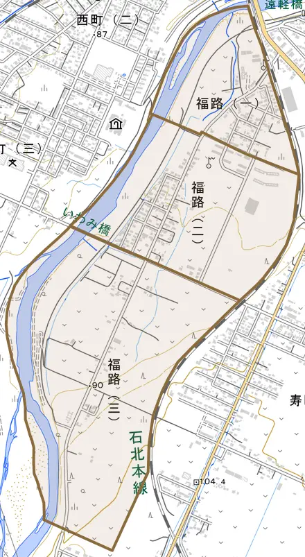福路とその周辺の地図。町の範囲を重ねている