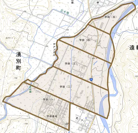 学田とその周辺の地図。町の範囲を重ねている