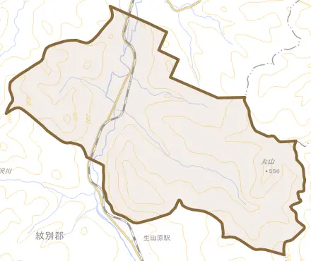 生田原豊原とその周辺の地図。町の範囲を重ねている