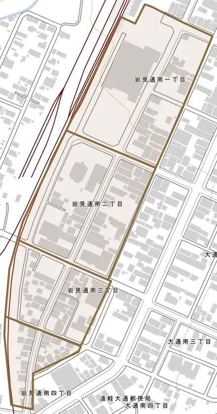 岩見通南とその周辺の地図。町の範囲を重ねている