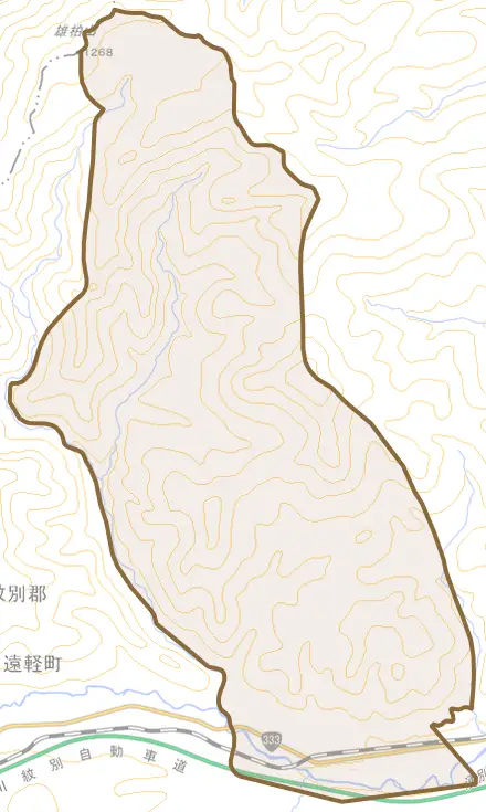 上白滝とその周辺の地図。町の範囲を重ねている