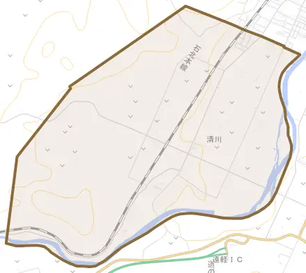 清川とその周辺の地図。町の範囲を重ねている
