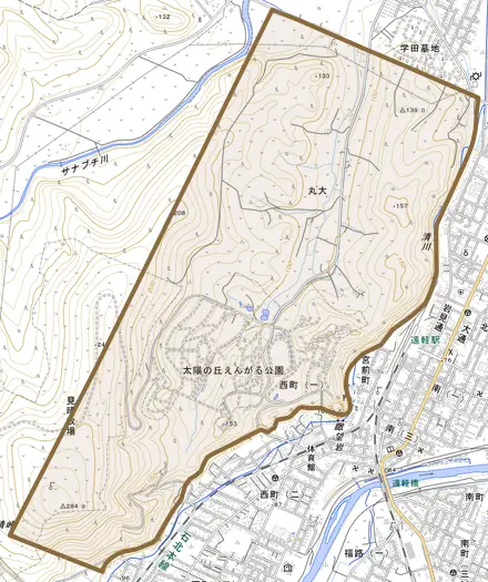丸大とその周辺の地図。町の範囲を重ねている