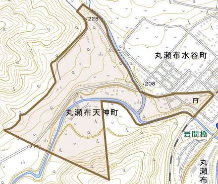 丸瀬布天神町とその周辺の地図。町の範囲を重ねている