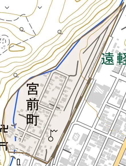 宮前町とその周辺の地図。町の範囲を重ねている