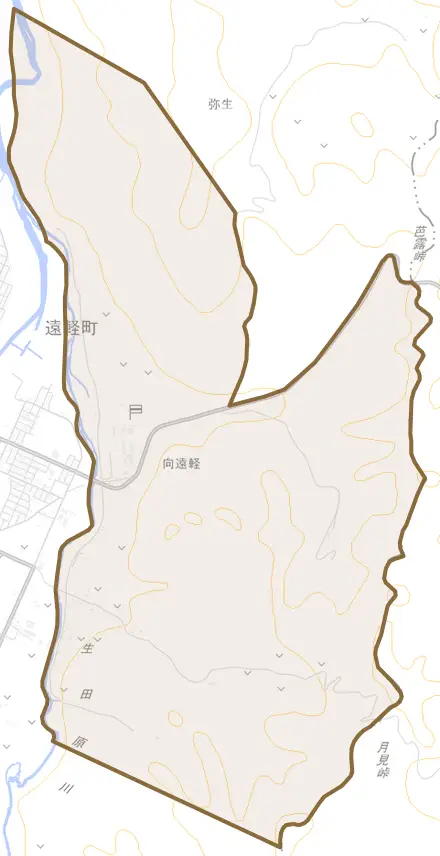 向遠軽とその周辺の地図。町の範囲を重ねている
