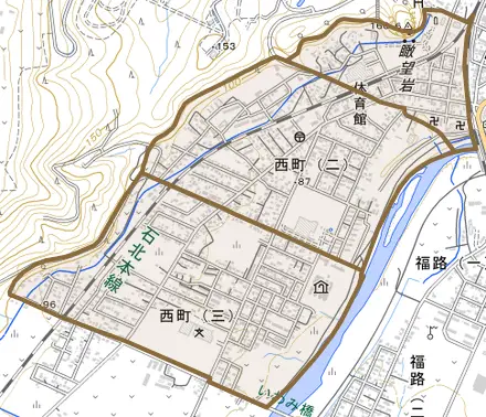 西町とその周辺の地図。町の範囲を重ねている