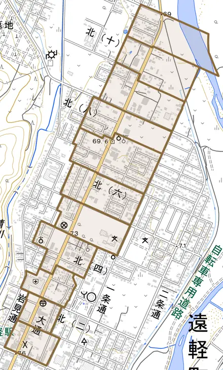 大通北とその周辺の地図。町の範囲を重ねている