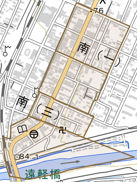 大通南とその周辺の地図。町の範囲を重ねている