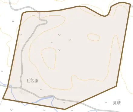 社名淵とその周辺の地図。町の範囲を重ねている