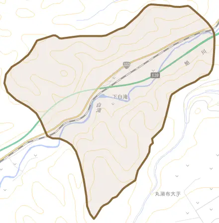 下白滝とその周辺の地図。町の範囲を重ねている