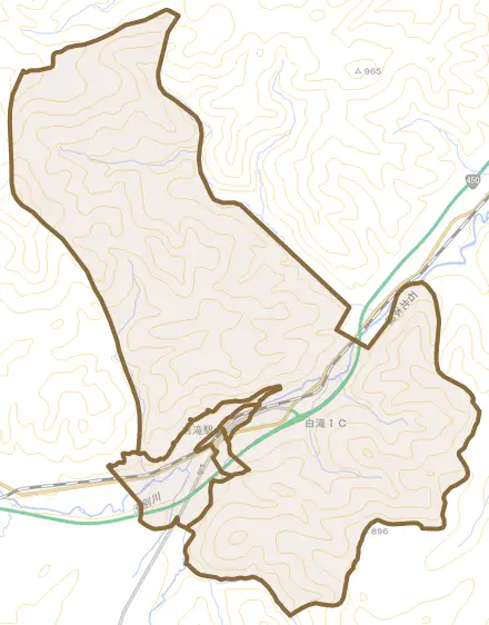 白滝とその周辺の地図。町の範囲を重ねている