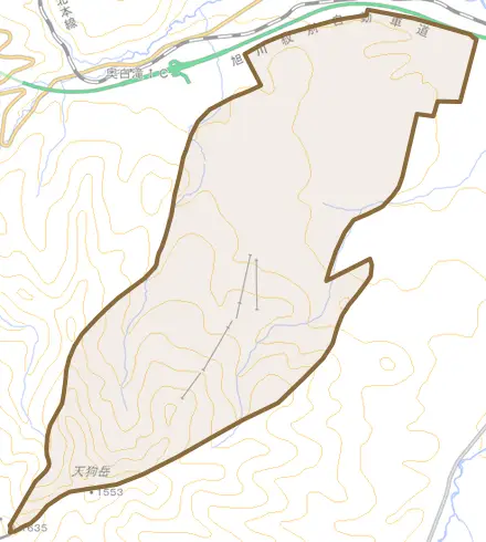 白滝天狗平とその周辺の地図。町の範囲を重ねている
