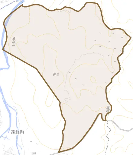 弥生とその周辺の地図。町の範囲を重ねている