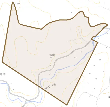 留岡とその周辺の地図。町の範囲を重ねている