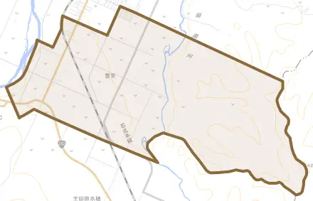 豊里とその周辺の地図。町の範囲を重ねている