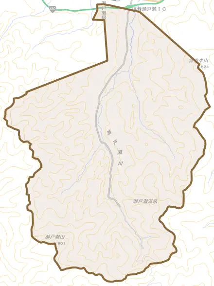 湯の里とその周辺の地図。町の範囲を重ねている