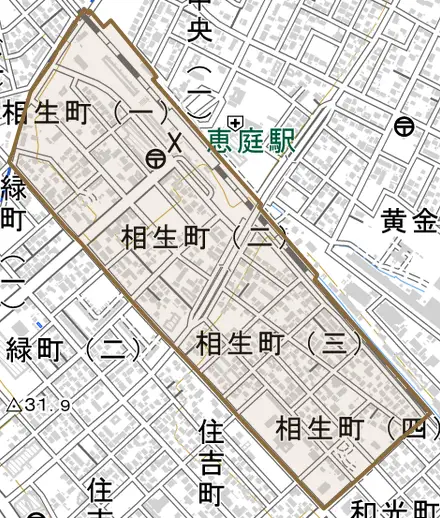相生町とその周辺の地図。町の範囲を重ねている
