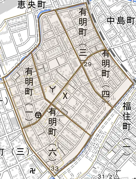 有明町とその周辺の地図。町の範囲を重ねている