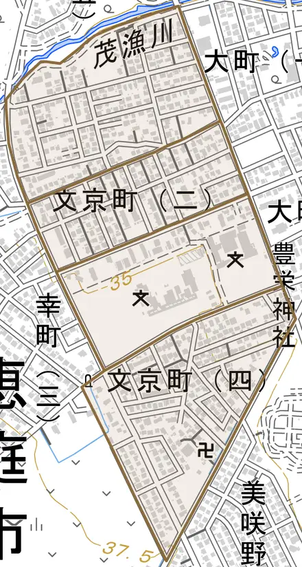 文京町とその周辺の地図。町の範囲を重ねている