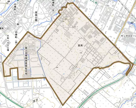 恵南とその周辺の地図。町の範囲を重ねている