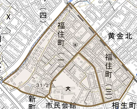福住町とその周辺の地図。町の範囲を重ねている