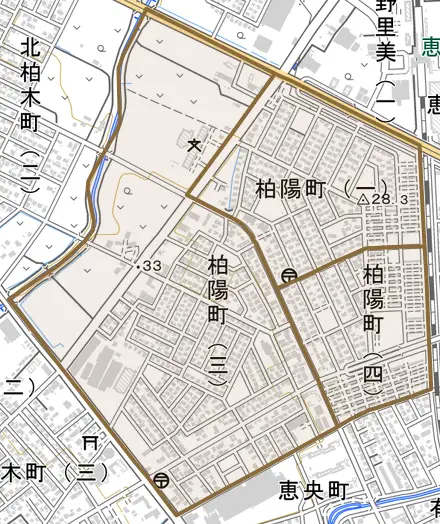 柏陽町とその周辺の地図。町の範囲を重ねている