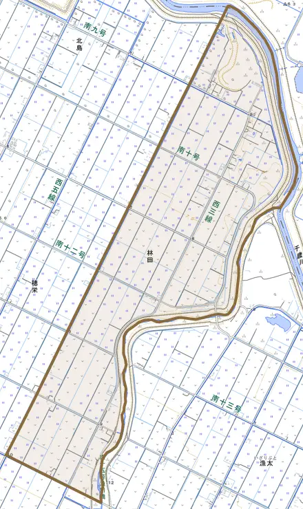 林田とその周辺の地図。町の範囲を重ねている