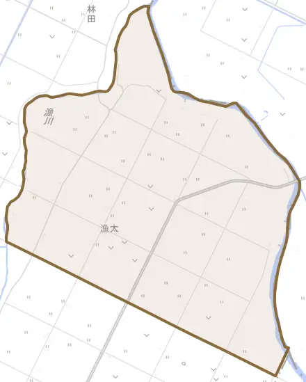 漁太とその周辺の地図。町の範囲を重ねている