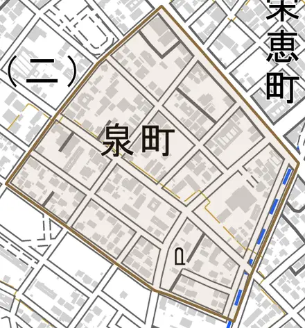 泉町とその周辺の地図。町の範囲を重ねている