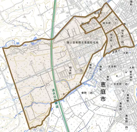 柏木町とその周辺の地図。町の範囲を重ねている