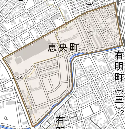 恵央町とその周辺の地図。町の範囲を重ねている