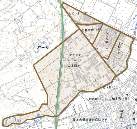 北柏木町とその周辺の地図。町の範囲を重ねている