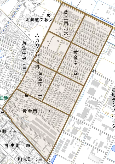黄金南とその周辺の地図。町の範囲を重ねている