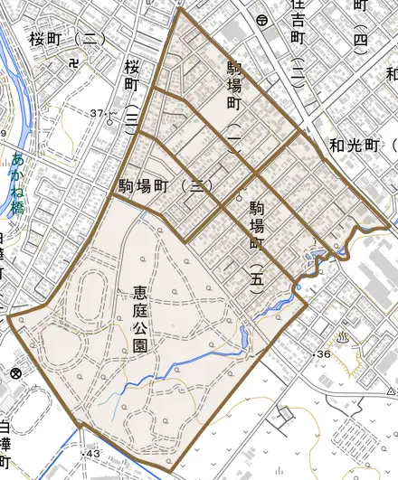 駒場町とその周辺の地図。町の範囲を重ねている