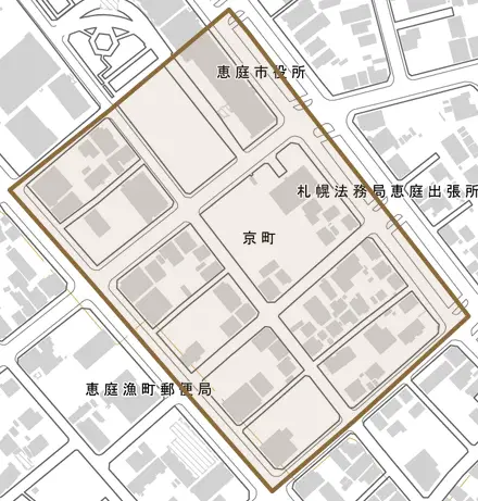 京町とその周辺の地図。町の範囲を重ねている
