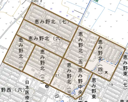 恵み野北とその周辺の地図。町の範囲を重ねている