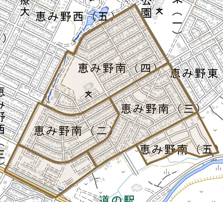 恵み野南とその周辺の地図。町の範囲を重ねている