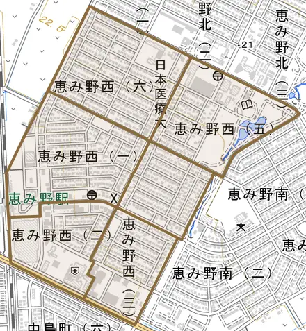 恵み野西とその周辺の地図。町の範囲を重ねている