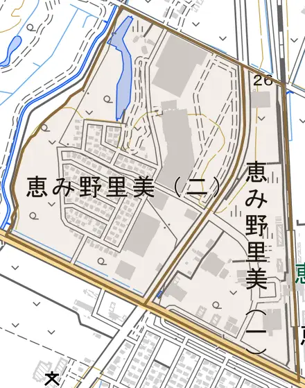 恵み野里美とその周辺の地図。町の範囲を重ねている