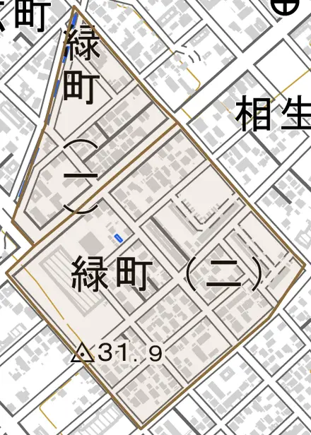 緑町とその周辺の地図。町の範囲を重ねている