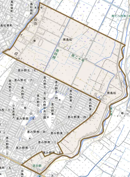 南島松とその周辺の地図。町の範囲を重ねている