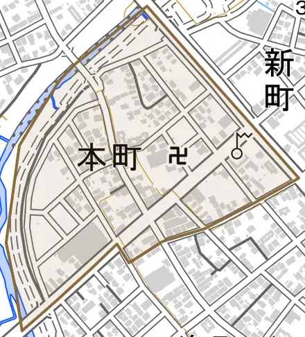 本町とその周辺の地図。町の範囲を重ねている