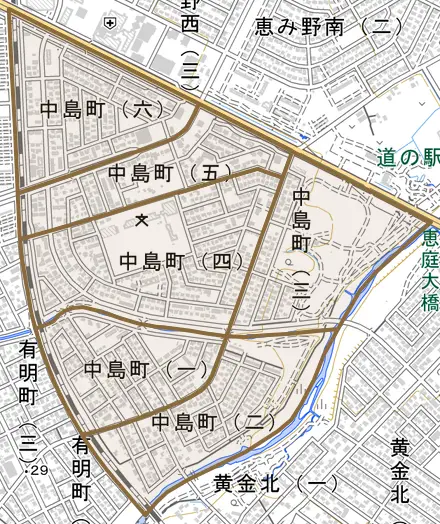 中島町とその周辺の地図。町の範囲を重ねている