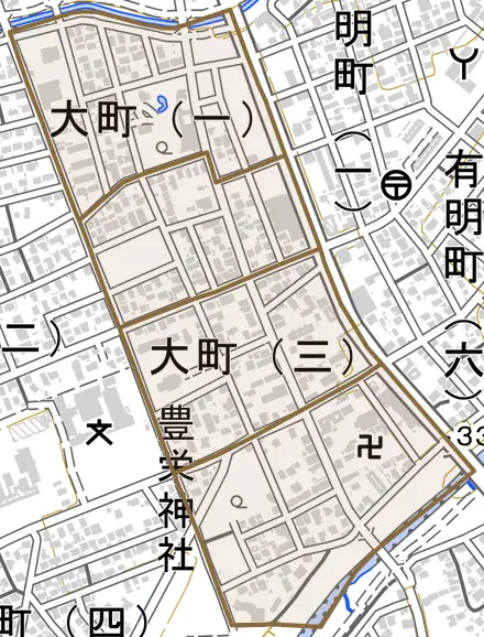大町とその周辺の地図。町の範囲を重ねている
