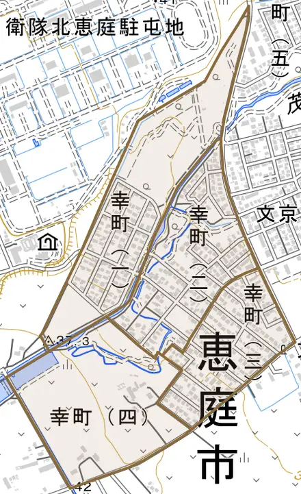 幸町とその周辺の地図。町の範囲を重ねている
