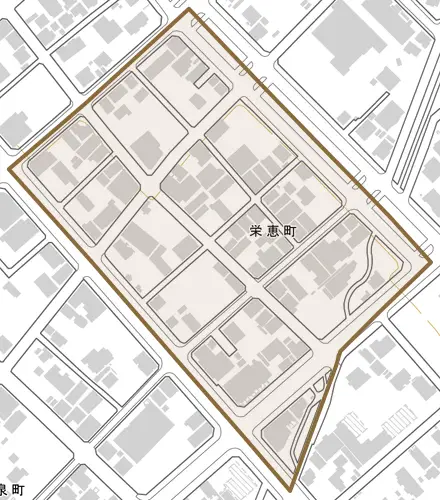 栄恵町とその周辺の地図。町の範囲を重ねている